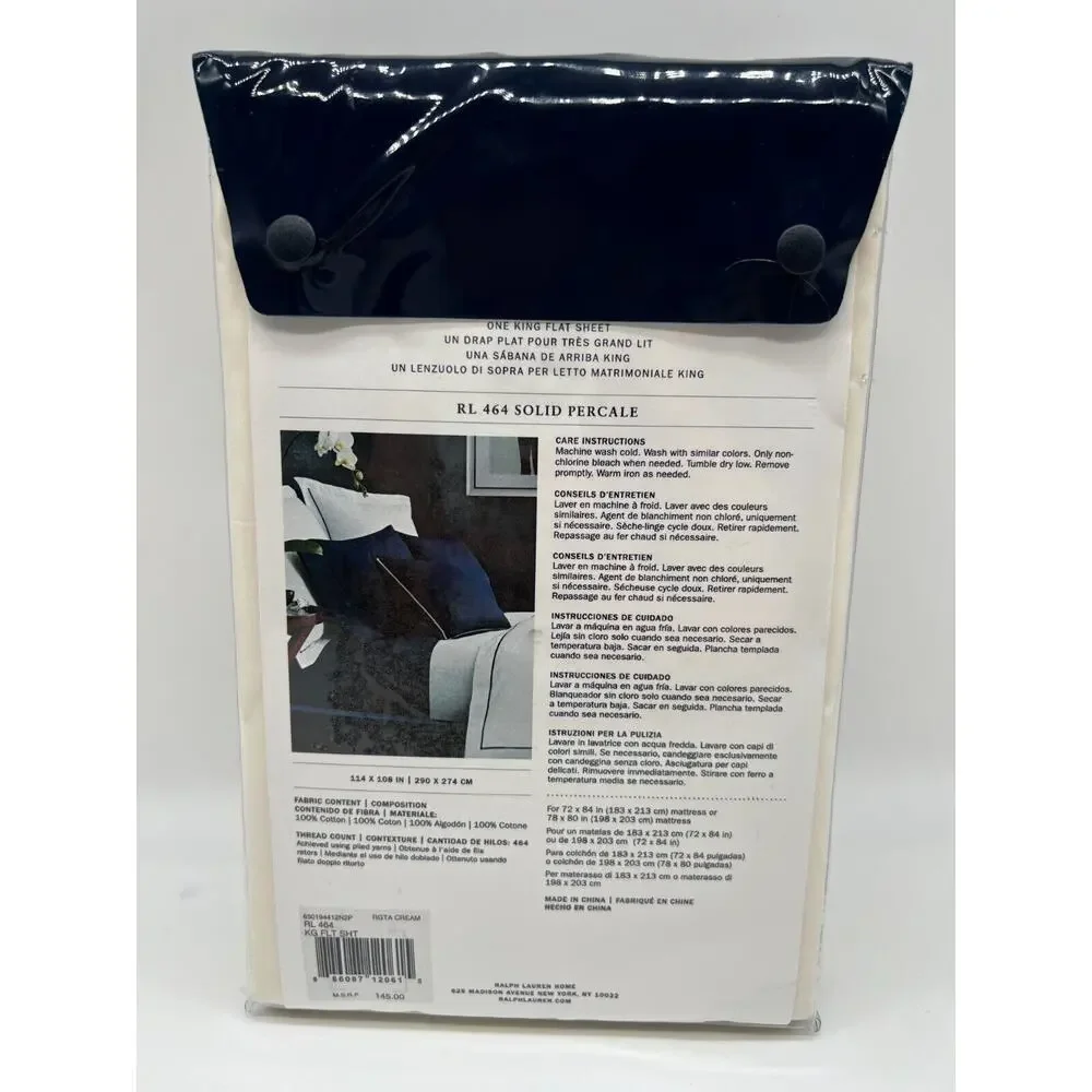 Ralph Lauren RL464 Solid Percale King Flat Sheet Regata Cream Bed Sheet New